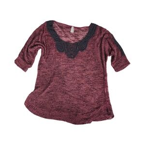 Vanity Womens Burgundy Marled Knit Top Crochet Lace Scoop Neck 3/4 Sleeve Medium
